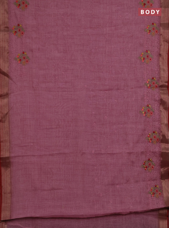 Linen saree pastel pink and maroon with allover embroidery weaves and embroidery pallu & border