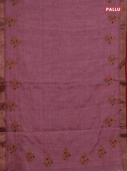 Linen saree pastel pink and maroon with allover embroidery weaves and embroidery pallu & border