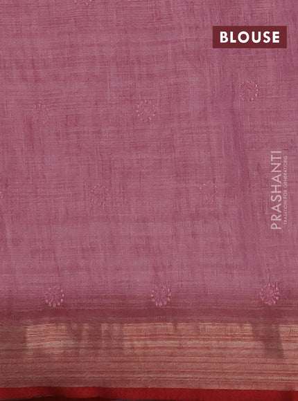 Linen saree pastel pink and maroon with allover embroidery weaves and embroidery pallu & border