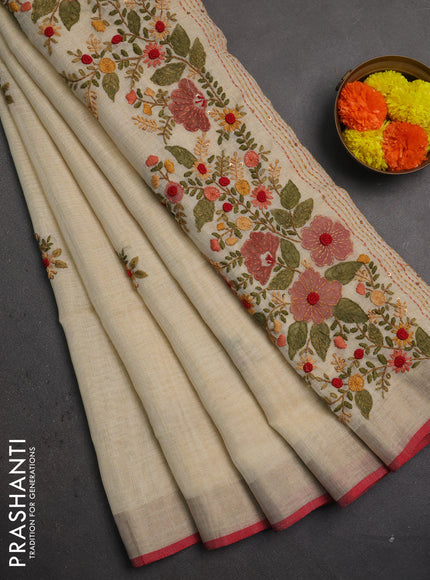 Linen saree beige pastel pink and maroon with embroidery buttas and embroidery pallu