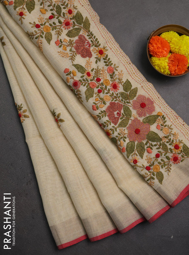 Linen saree beige pastel pink and maroon with embroidery buttas and embroidery pallu