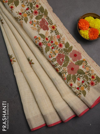 Linen saree beige pastel pink and maroon with embroidery buttas and embroidery pallu