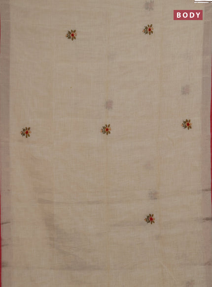 Linen saree beige pastel pink and maroon with embroidery buttas and embroidery pallu