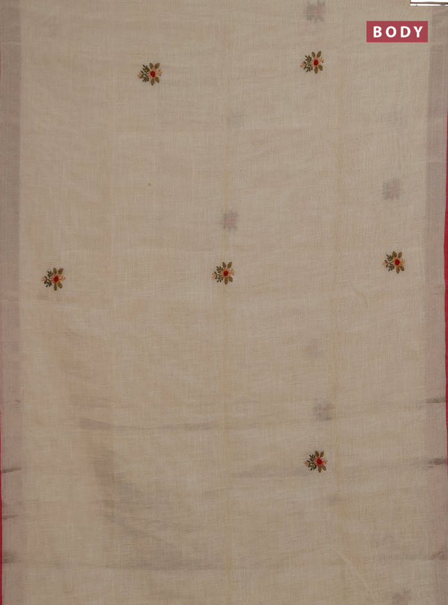 Linen saree beige pastel pink and maroon with embroidery buttas and embroidery pallu