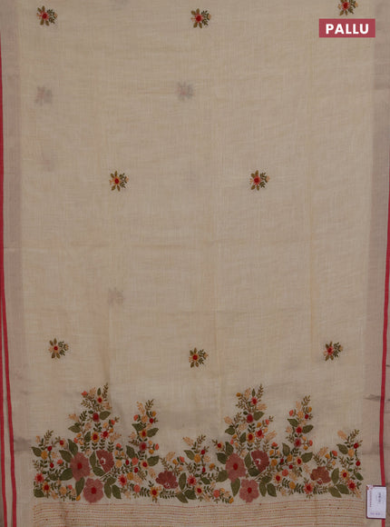 Linen saree beige pastel pink and maroon with embroidery buttas and embroidery pallu