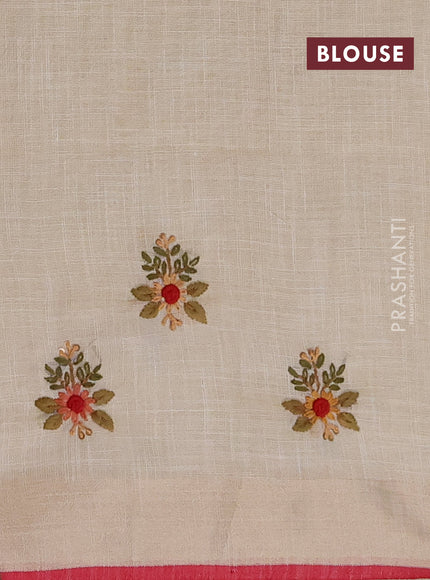 Linen saree beige pastel pink and maroon with embroidery buttas and embroidery pallu