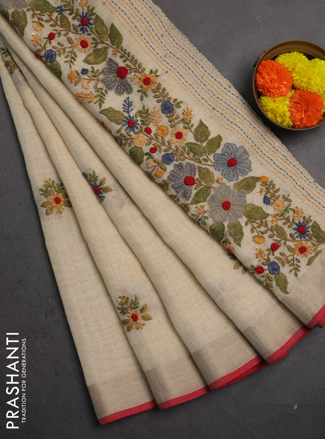 Linen saree beige grey and maroon with embroidery buttas and embroidery pallu
