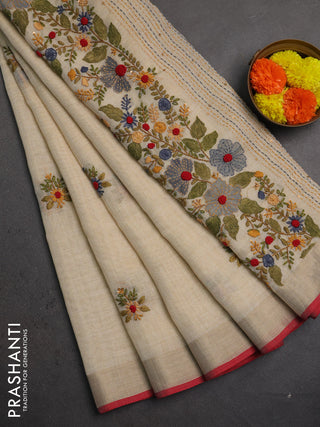 Linen saree beige grey and maroon with embroidery buttas and embroidery pallu