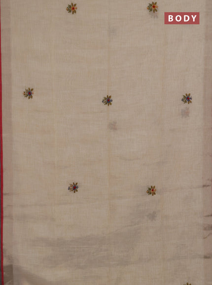 Linen saree beige grey and maroon with embroidery buttas and embroidery pallu