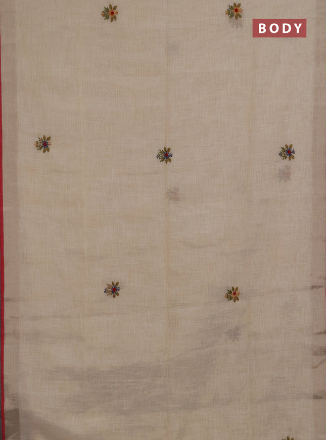 Linen saree beige grey and maroon with embroidery buttas and embroidery pallu