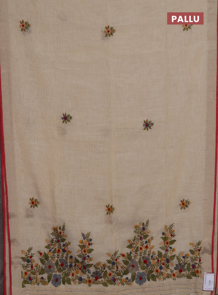 Linen saree beige grey and maroon with embroidery buttas and embroidery pallu