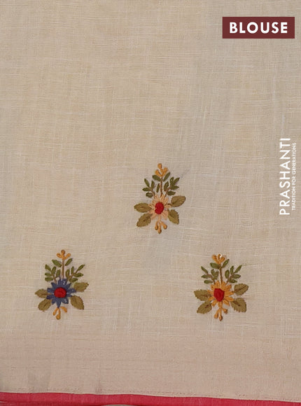 Linen saree beige grey and maroon with embroidery buttas and embroidery pallu
