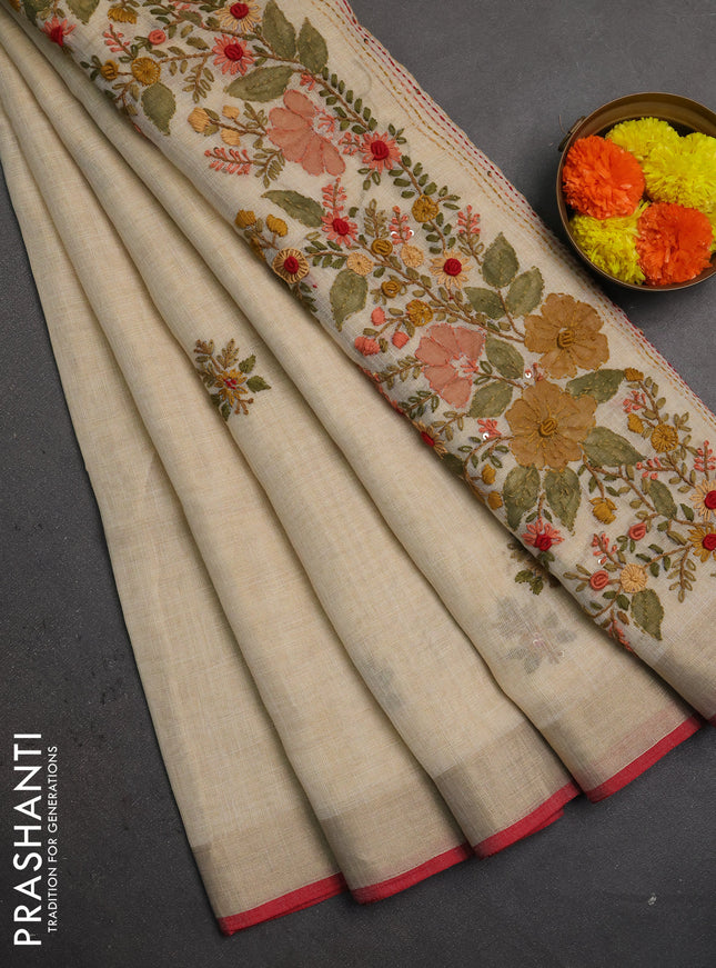 Linen saree beige peach shade and maroon with embroidery buttas and embroidery pallu