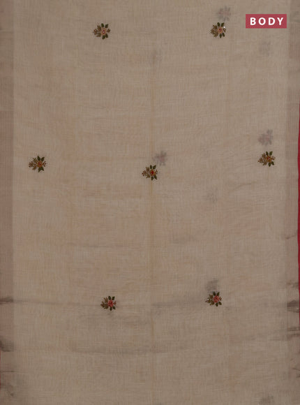 Linen saree beige peach shade and maroon with embroidery buttas and embroidery pallu