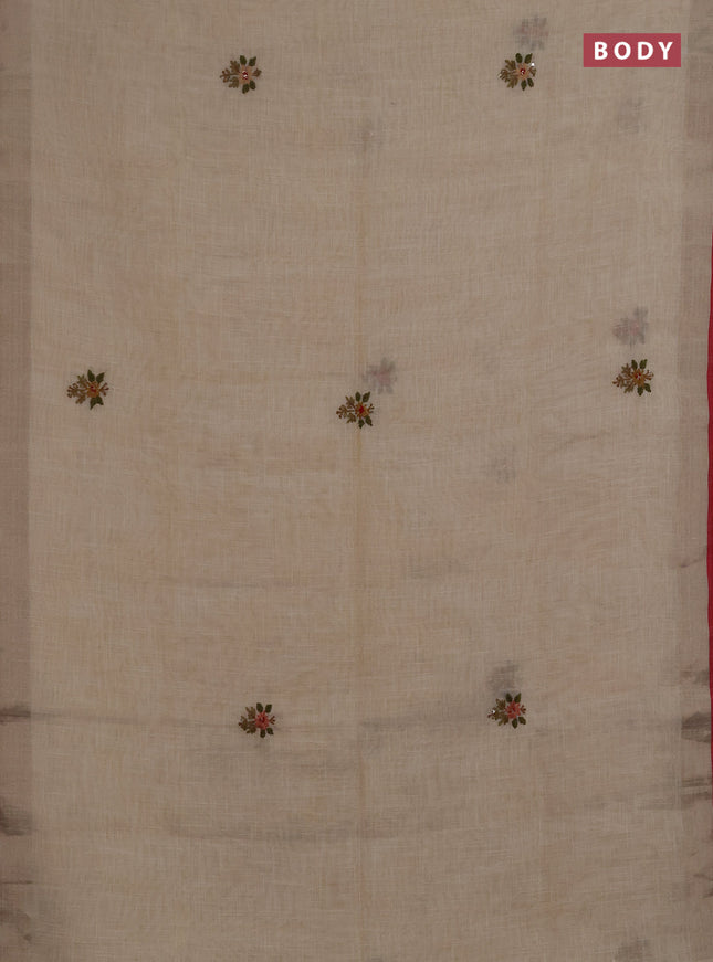 Linen saree beige peach shade and maroon with embroidery buttas and embroidery pallu