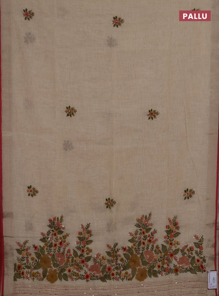 Linen saree beige peach shade and maroon with embroidery buttas and embroidery pallu