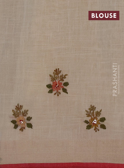 Linen saree beige peach shade and maroon with embroidery buttas and embroidery pallu