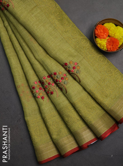 Linen saree light green and maroon with embroidery buttas and embroidery pallu & border