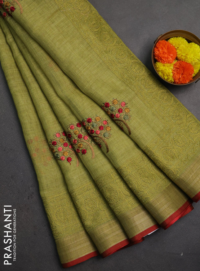 Linen saree light green and maroon with embroidery buttas and embroidery pallu & border