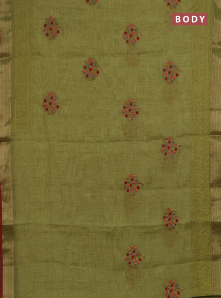 Linen saree light green and maroon with embroidery buttas and embroidery pallu & border