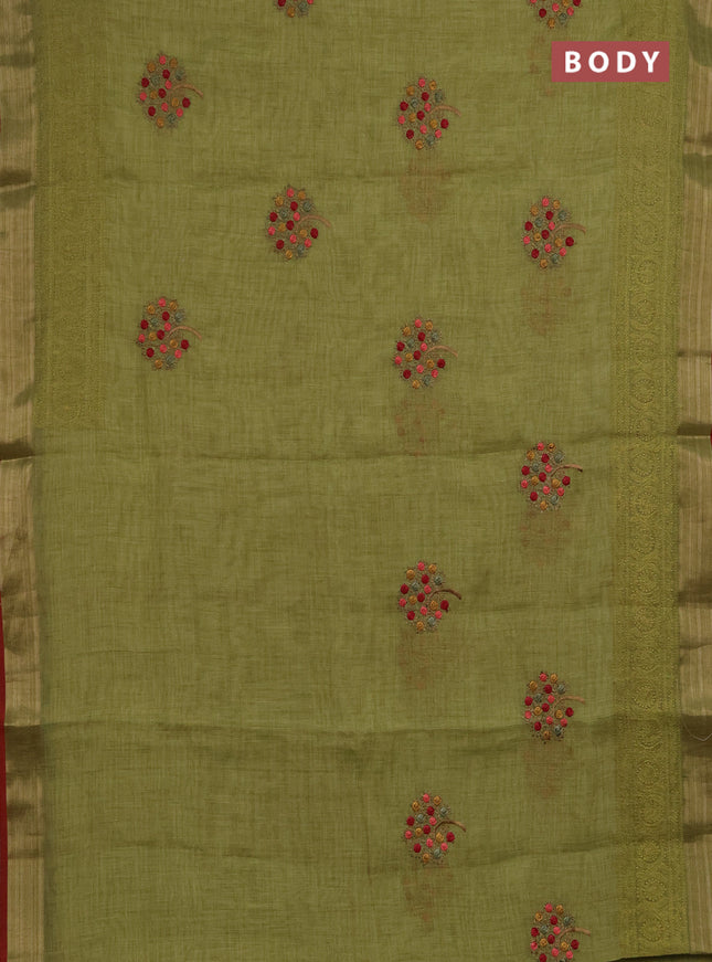 Linen saree light green and maroon with embroidery buttas and embroidery pallu & border