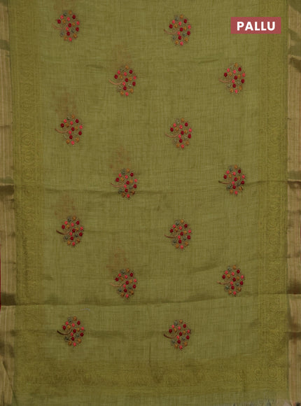 Linen saree light green and maroon with embroidery buttas and embroidery pallu & border
