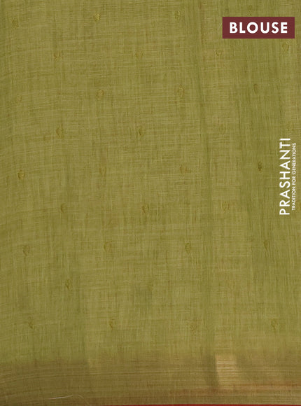 Linen saree light green and maroon with embroidery buttas and embroidery pallu & border