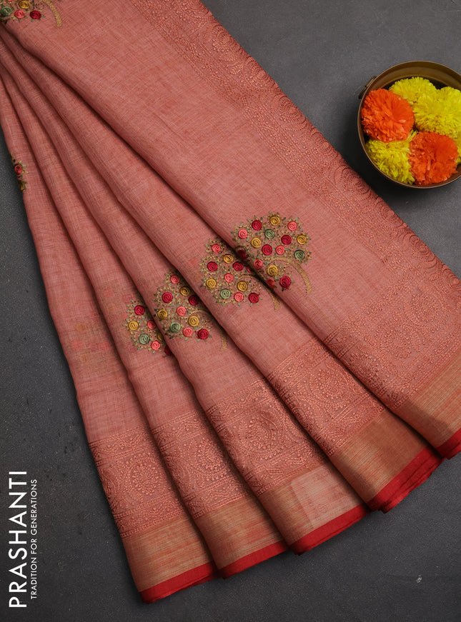 Linen saree peach shade and maroon with embroidery buttas and embroidery pallu & border