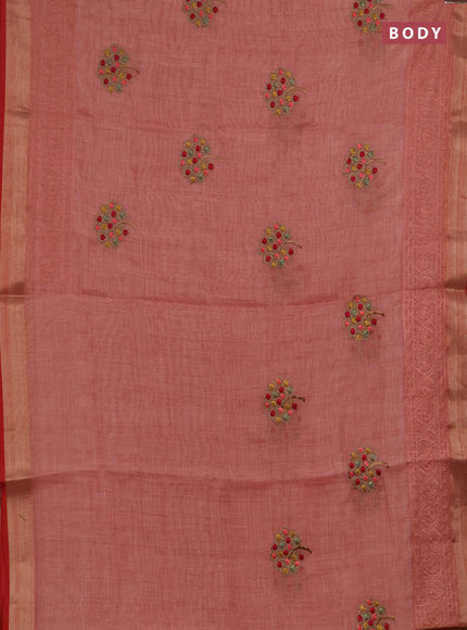 Linen saree peach shade and maroon with embroidery buttas and embroidery pallu & border