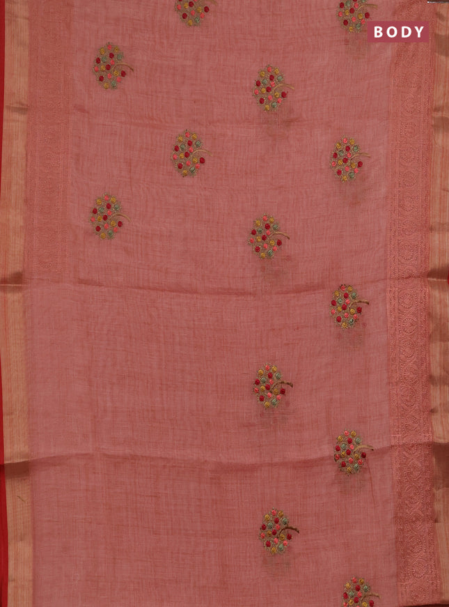 Linen saree peach shade and maroon with embroidery buttas and embroidery pallu & border