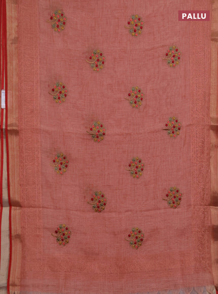 Linen saree peach shade and maroon with embroidery buttas and embroidery pallu & border