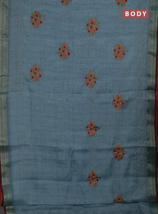 Linen saree pastel blue and maroon with embroidery buttas and embroidery pallu & border