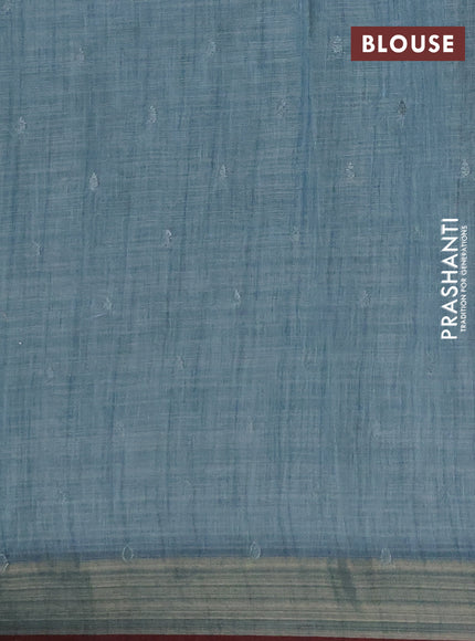 Linen saree pastel blue and maroon with embroidery buttas and embroidery pallu & border