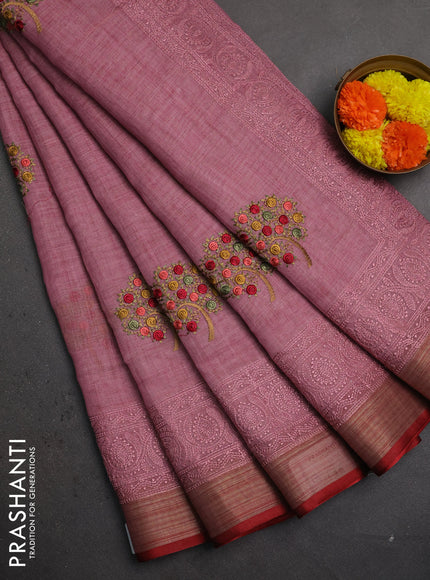 Linen saree mauve pink and maroon with embroidery buttas and embroidery pallu & border