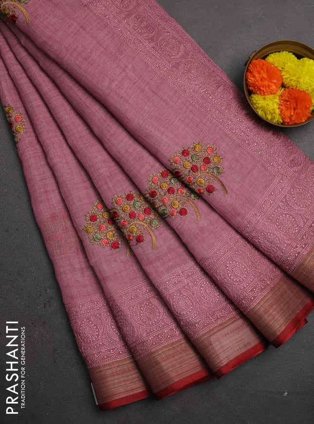 Linen saree mauve pink and maroon with embroidery buttas and embroidery pallu & border