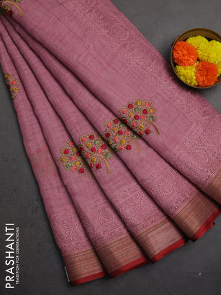 Linen saree mauve pink and maroon with embroidery buttas and embroidery pallu & border