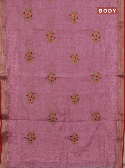 Linen saree mauve pink and maroon with embroidery buttas and embroidery pallu & border