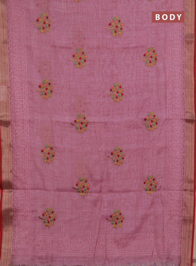 Linen saree mauve pink and maroon with embroidery buttas and embroidery pallu & border