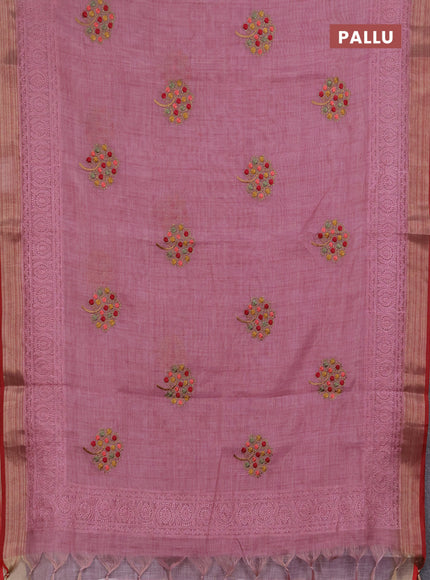 Linen saree mauve pink and maroon with embroidery buttas and embroidery pallu & border