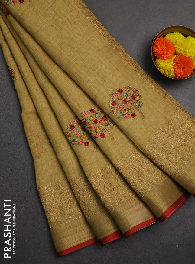 Linen saree mustard shade and maroon with embroidery buttas and embroidery pallu & border