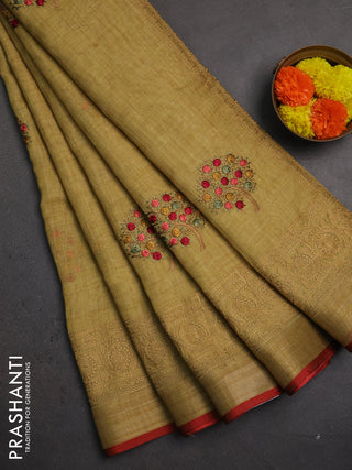 Linen saree mustard shade and maroon with embroidery buttas and embroidery pallu & border