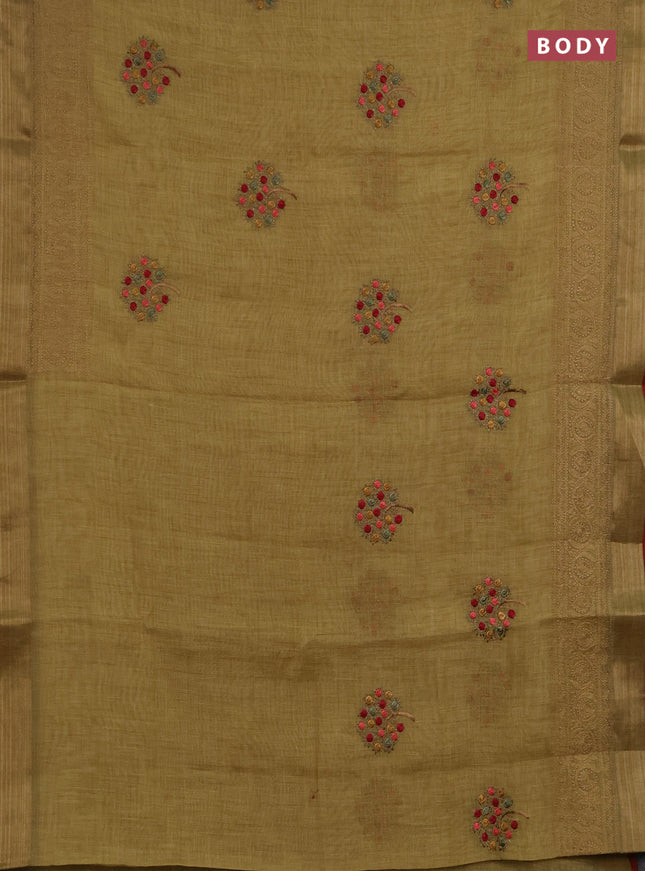 Linen saree mustard shade and maroon with embroidery buttas and embroidery pallu & border