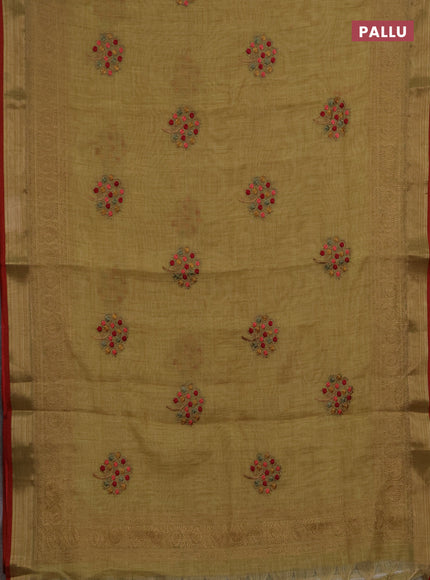 Linen saree mustard shade and maroon with embroidery buttas and embroidery pallu & border