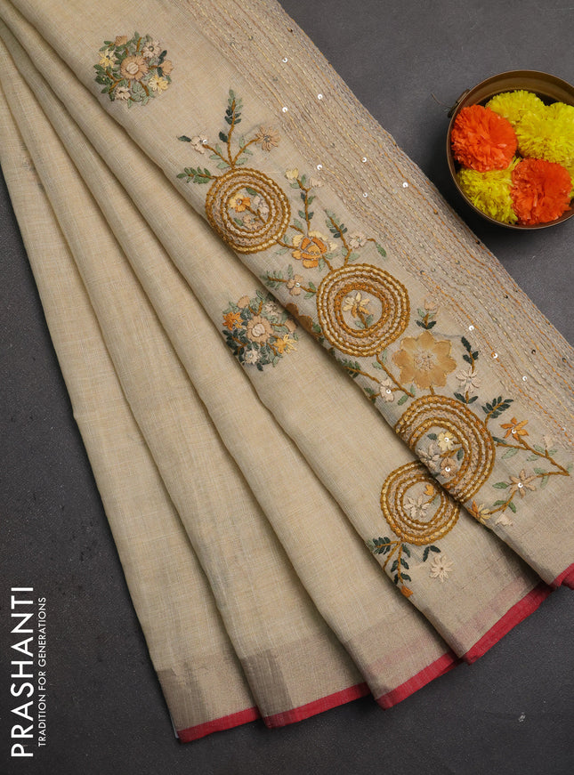 Linen saree beige mustard yellow and maroon with embroidery buttas and embroidery pallu