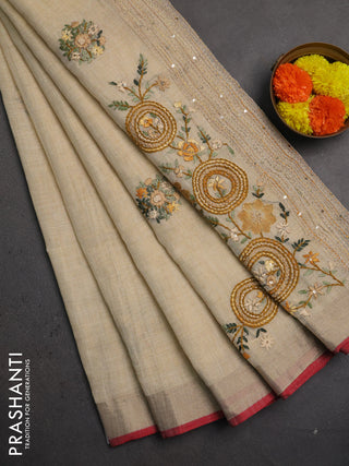 Linen saree beige mustard yellow and maroon with embroidery buttas and embroidery pallu