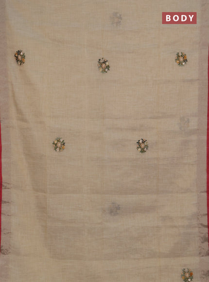 Linen saree beige mustard yellow and maroon with embroidery buttas and embroidery pallu