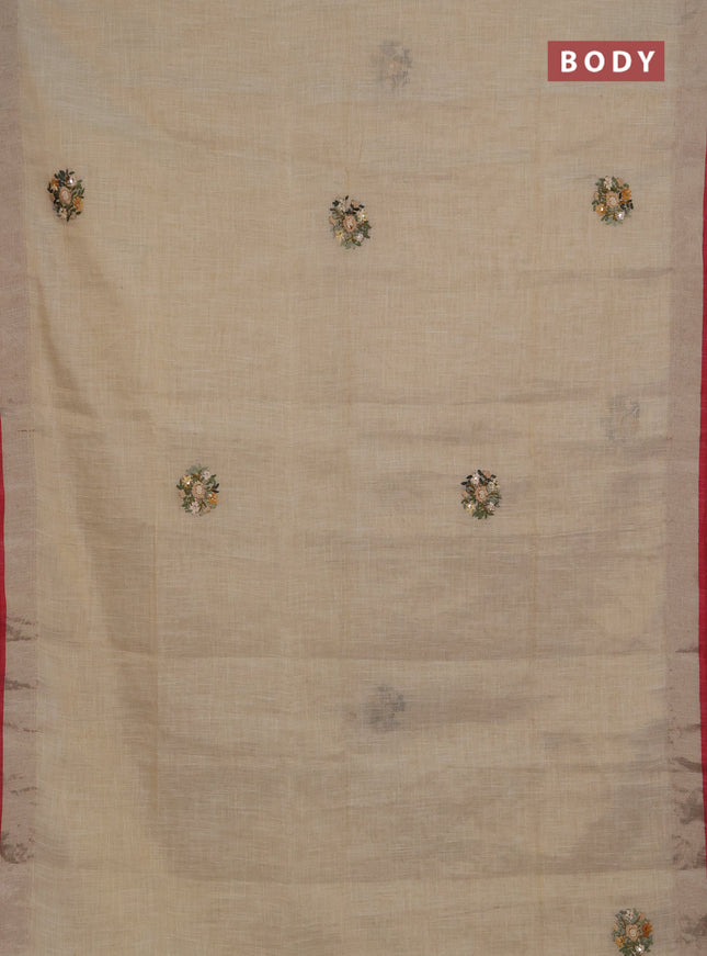 Linen saree beige mustard yellow and maroon with embroidery buttas and embroidery pallu