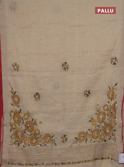 Linen saree beige mustard yellow and maroon with embroidery buttas and embroidery pallu