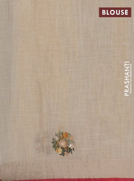 Linen saree beige mustard yellow and maroon with embroidery buttas and embroidery pallu