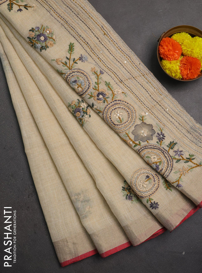 Linen saree beige grey and maroon with embroidery buttas and embroidery pallu